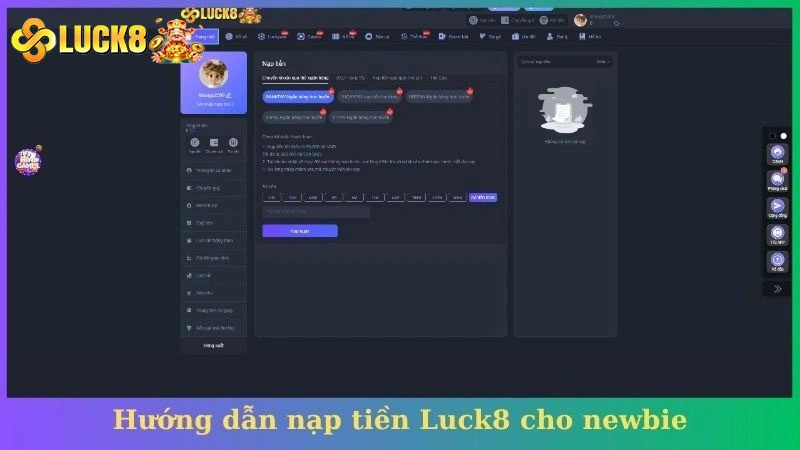 Hướng dẫn nạp tiền Luck8 cho newbie